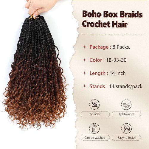 Boho Box Braids Crochet Hair 8 Packs Boho Crochet Braids Pre Looped 1B/33/30 Goddess Box Braids Crochet Hair for Black Women 14 Inch Boho Braids Crochet Hair Extension