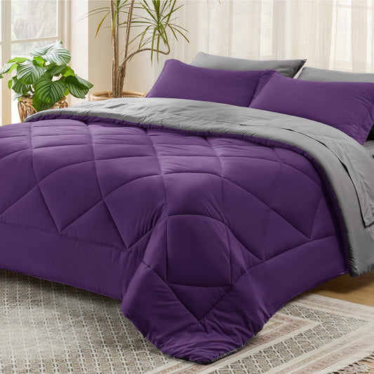 Bedsure Purple Twin Comforter Sets - 5 Pieces Reversible Twin Bedding Sets for College, Purple Extra Long Bed Set Twin with Comforters, Sheets, Pillowcase & Sham