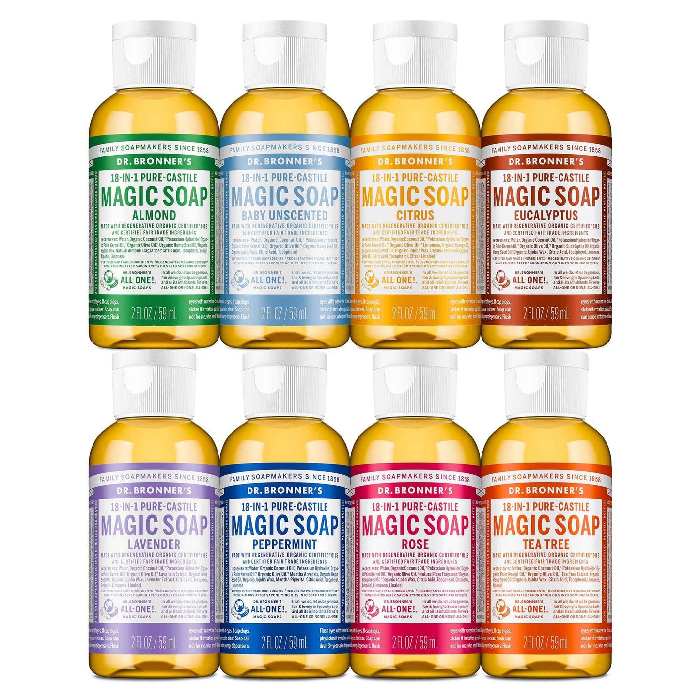 Dr. Bronner's Magic Soap-Pure-Castile Liquid Soap (2 Ounce, Variety Gift Pack)- Regenerative Organic Certified Oils, 18-in-1 Uses: Body, Hair, Laundry, Pets & Dishes, Concentrated, Vegan, Non-GMO