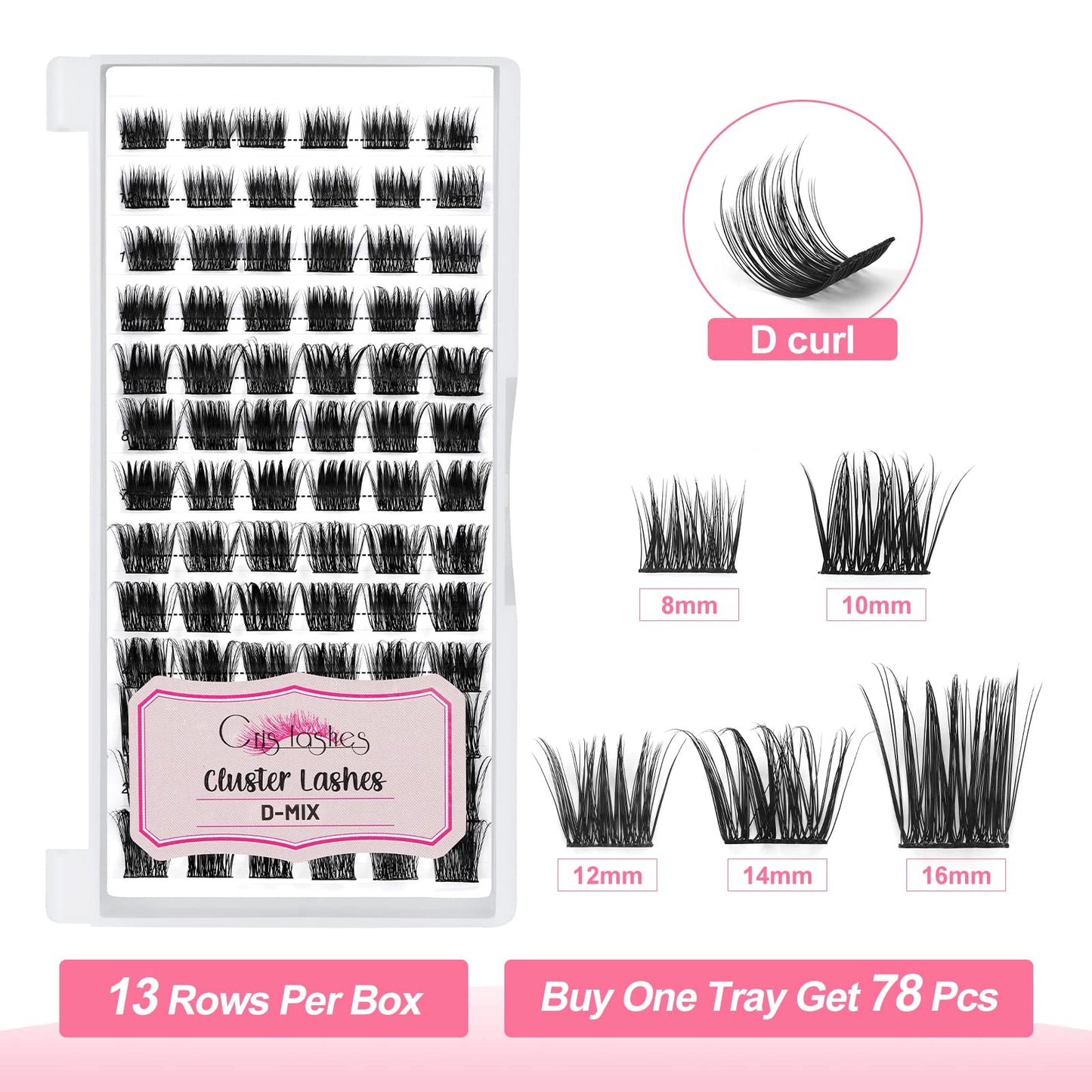 Cluster Lashes, Crislashes DIY Eyelash Extension 13 Rows, D Curl 16mm Individual Cluster Eyelashes Natural Look, 78 pcs Reusable Cluster Eyelash Extensions at Home (F03-D Curl Mix8-16mm)