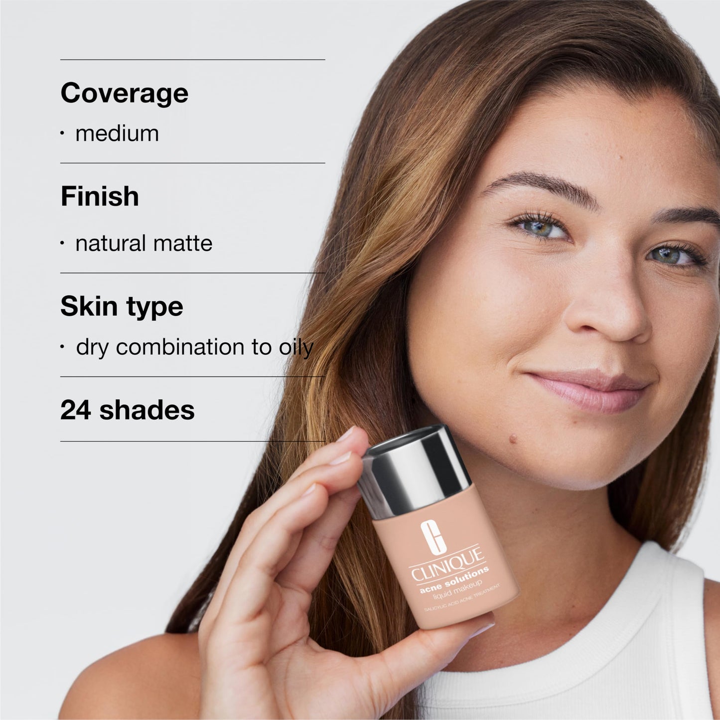 Clinique Acne Solutions Liquid Foundation Makeup With Salicylic Acid For Dry Combination to Oily Skin Types | Medium Coverage, Natural Matte Finish, Linen