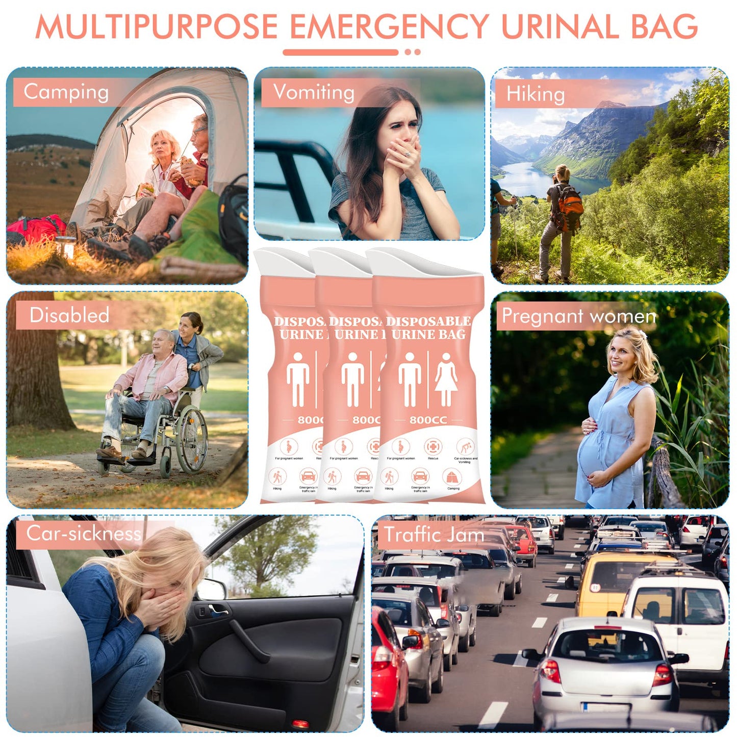 DIBBATU Disposable Urinal Bag, 24 PCS 800ML Emergency Urine Bag, Unisex Urinal Bag, Portable Camping Pee Bag, Travel Urine Bags Vomit Bag for Traffic Jams, Camping, Hiking, Pregnant, Patient, Kids