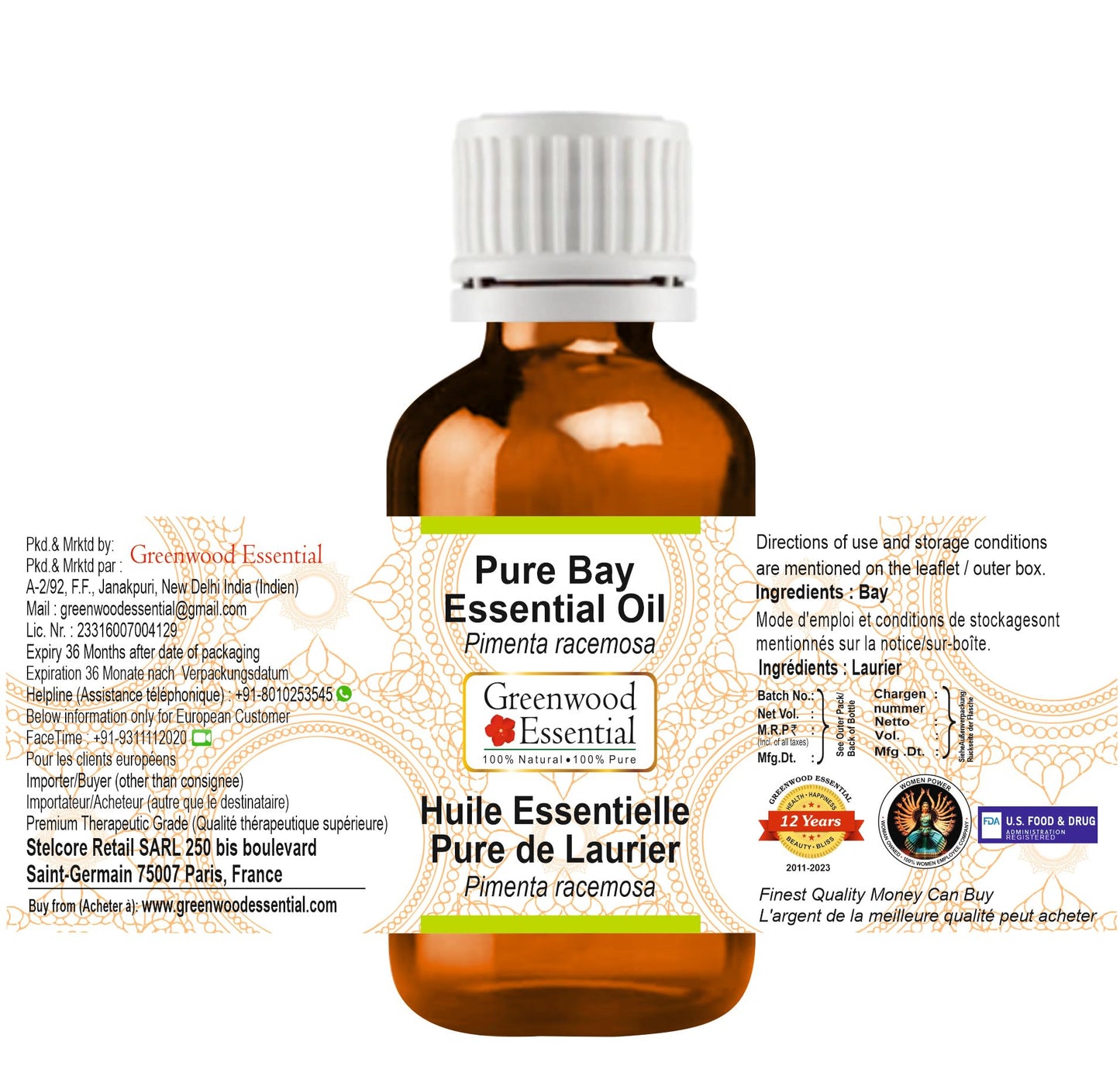 Greenwood Essential Pure Bay Essential Oil (Pimenta racemosa) Steam Distilled (Pack of Two) 100ml X 2 (6.76 oz)