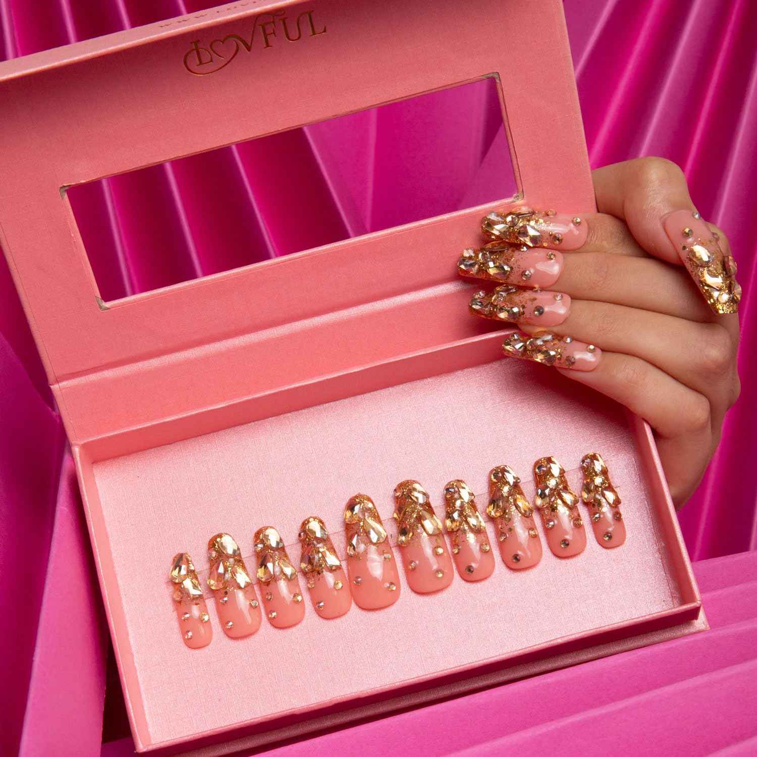 LOVFUL Press on Nails Stardust Gold Rhinestone | Handmade with Full Covered Crystals | Reusable Full Cover Nails | Coffin Classic Regular 1.3 in | H84-L