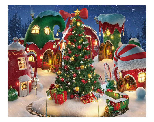 Funnytree 10x8FT Cartoon Christmas Village Photography Backdrop Winter Snow Pine Tree Background Xmas Fairy Tale Animated Kid Party Photo Booth Banner Supplies