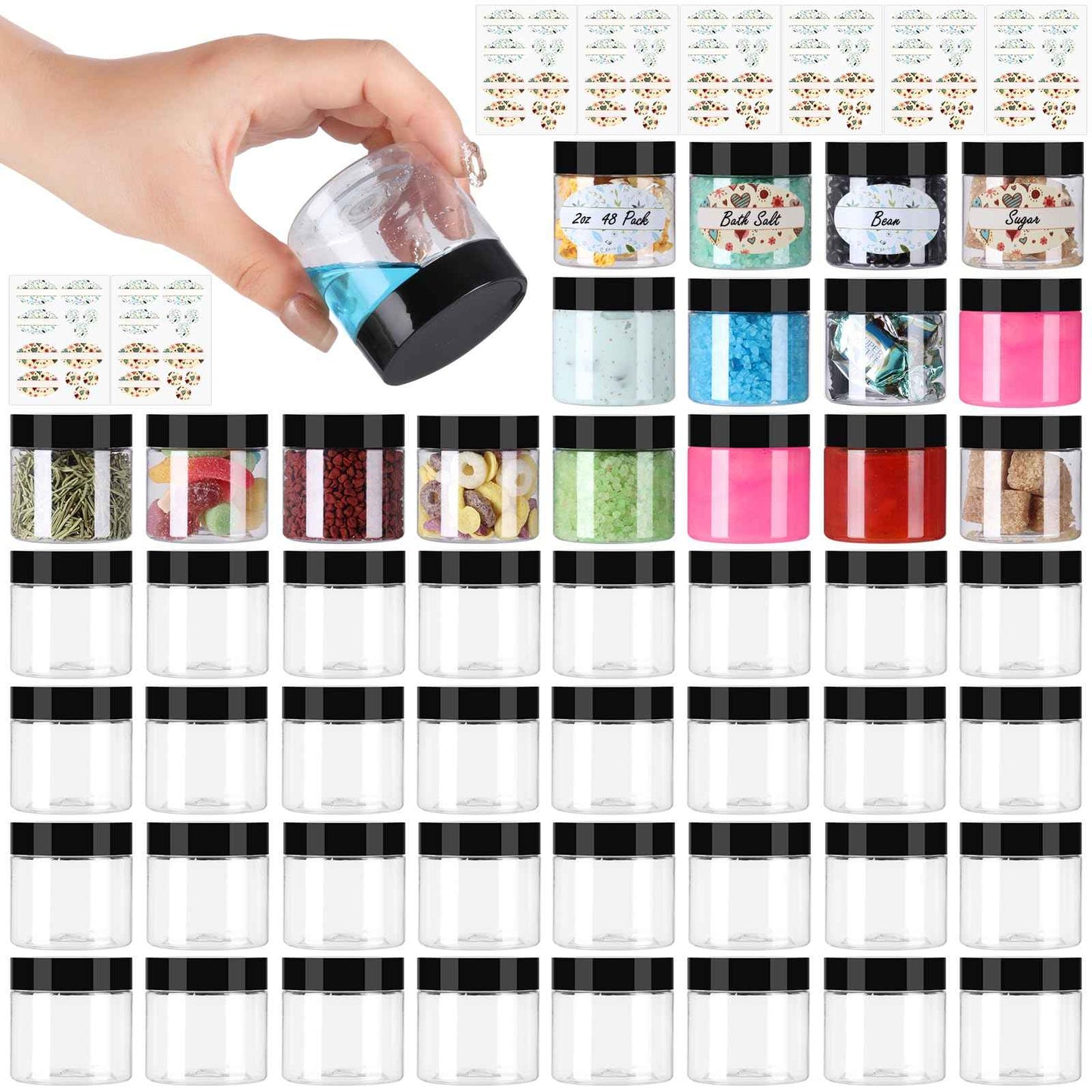 Jaisie.W 2 oz Plastic Jars with Lids 48Pack,Empty Small Plastic Jars with Lids for Storage, Round Clear for Cream,Lotion,Powder,Ointment(2fl.oz,set of 48)