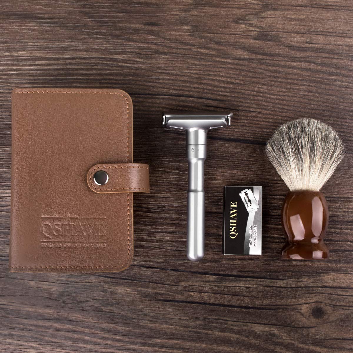 QSHAVE Razor Travel Case, Leather Shaving Protective Case with Compartment for Double Edge Safety Razor, Shaving Brush, blades and Nail Clipper Brown (Case Only)