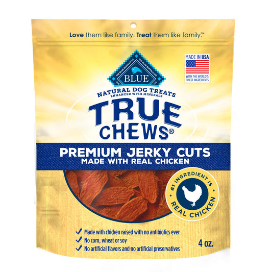 Blue Buffalo True Chews Premium Jerky Cuts Dog Treats, Made in the USA with Natural Ingredients and No Antibiotics Ever, Chicken, 4-oz. Bag