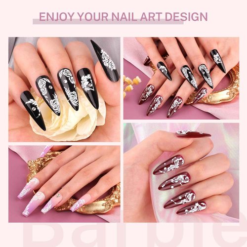 5D French Lace Nail Art Stickers, 4 Sheets Embossed Nail Decals with Tweezer, 3D Self Adhesive Classic White Lace Retro Flower Rose Vine Acrylic Nail Accessories for Wedding French Tips Design Set-6