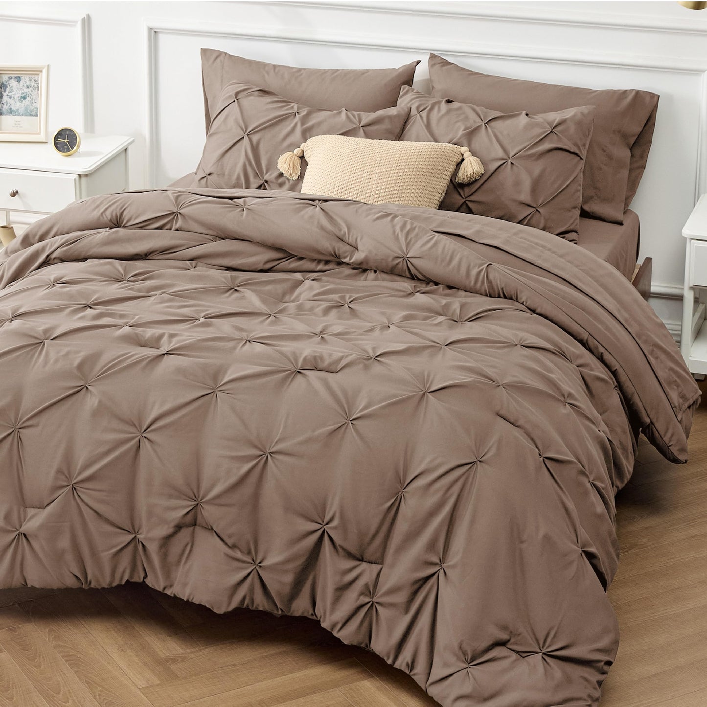 Bedsure Twin Size Comforter Sets Brown - 5 Pieces Pintuck Bed Set Twin Size, Twin Size Bed in a Bag with Comforter, Sheets, Pillowcase & Sham