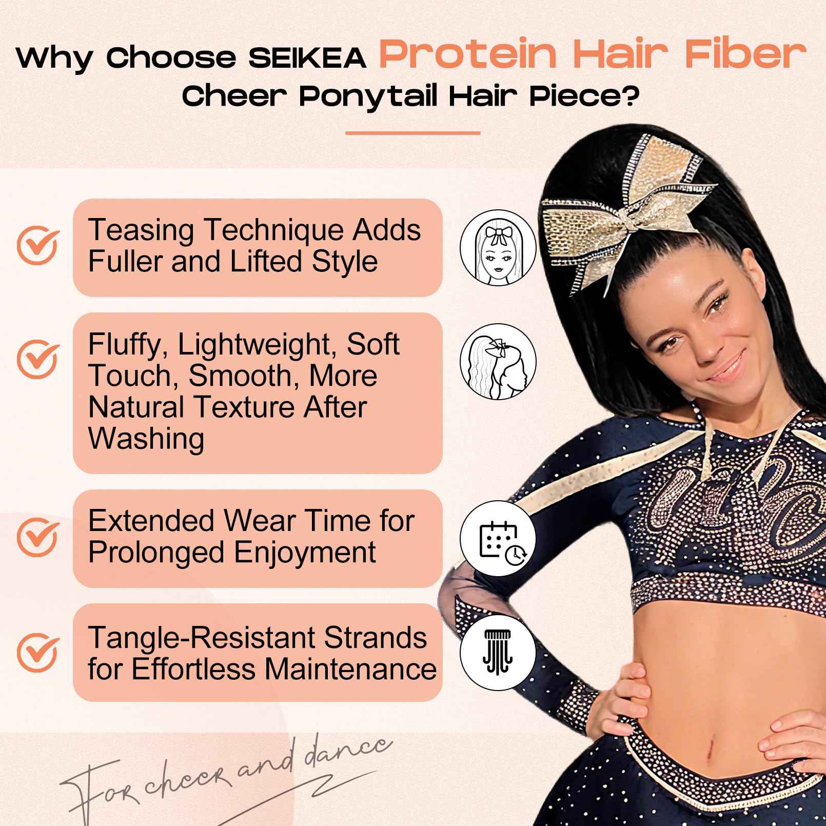 SEIKEA Cheer Ponytail Hair Piece, 100% Super Protein Fiber Straight Cheerleader Hairpiece Lightweight Silky Smooth Fluffy 18" Ponytail Extension for Cheerleader Competition, Dance Blonde
