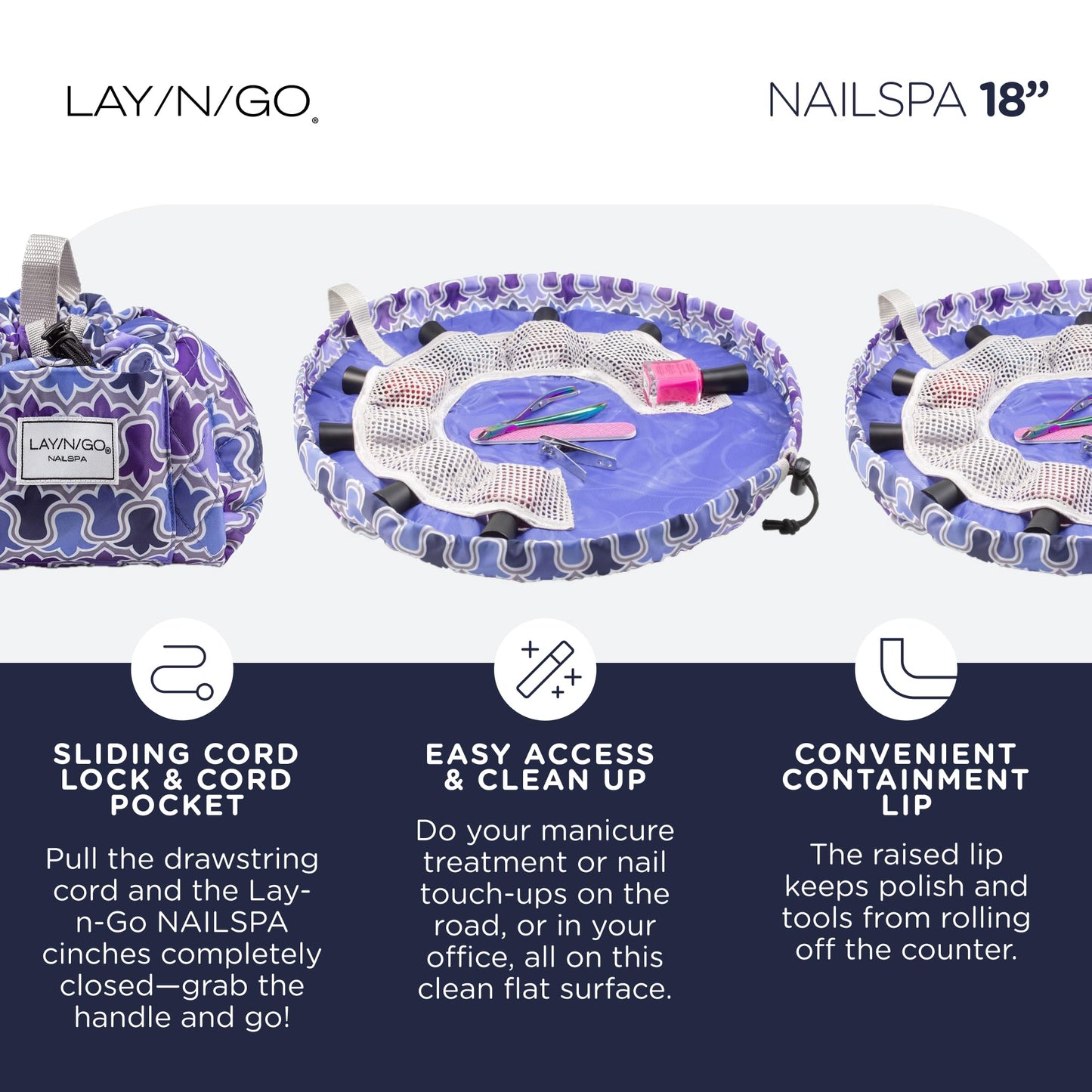 Lay-n-Go Nail Spa Drawstring Cosmetic Pouch Acrylic Nail Polish Holder, Organizer & Toiletry Bag for Travel, and Daily Use with a Durable Patented Design, 18 inch, Violet Fem (Purple)