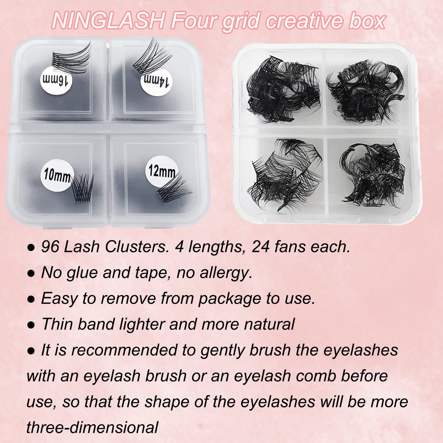 Clear Band Lashes Clusters DIY Eyelash Extension Ninglash C Curl BW03 Lashes, 96 Pcs Individual Lash Extensions, Soft Natural Lightweight 10/12/14/16mm Mix Resuale Eyelash Cluster Lashes for Home use