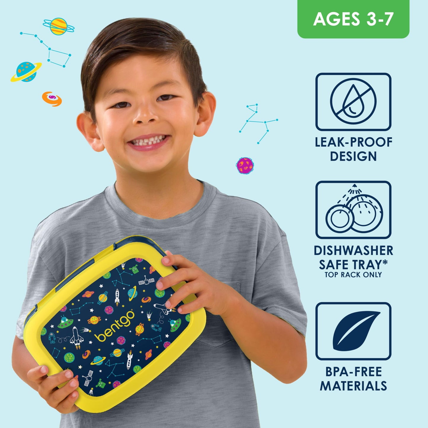 Bentgo Kids Prints Leak-Proof, 5-Compartment Bento-Style Kids Lunch Box - Ideal Portion Sizes for Ages 3-7, Durable, Drop-Proof, Dishwasher Safe, & Made with BPA-Free Materials (Space)