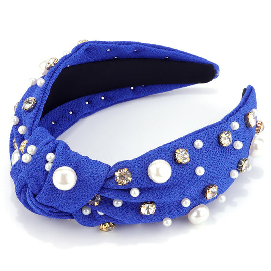 VELSCRUN Knotted Headbands for Women - Blue Pearl Rhinestone Crystal Top Knot Wide Holiday Headband, Gift for Mothers Sisters Hair Accessories