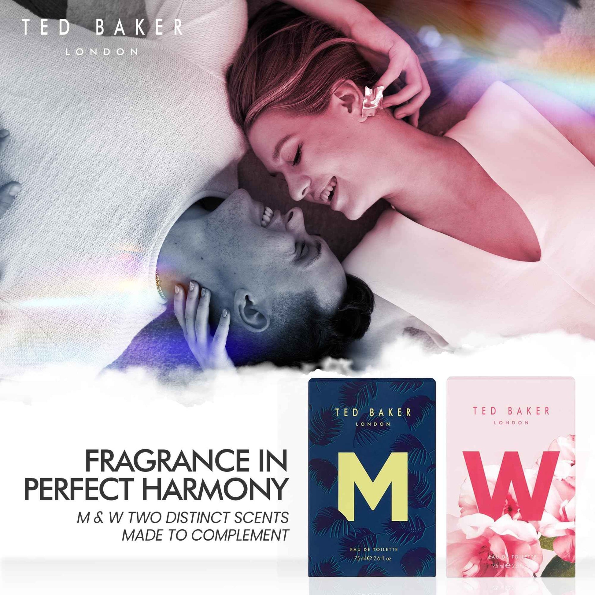 Ted Baker M and W EDT Bundle, Woman and Man Eau De Toilette, Includes M with Unique Notes of Tonka Bean and Musk, W with Notes of Fig Leaf, White Peony and Violet, 2 x 2.54 fl oz