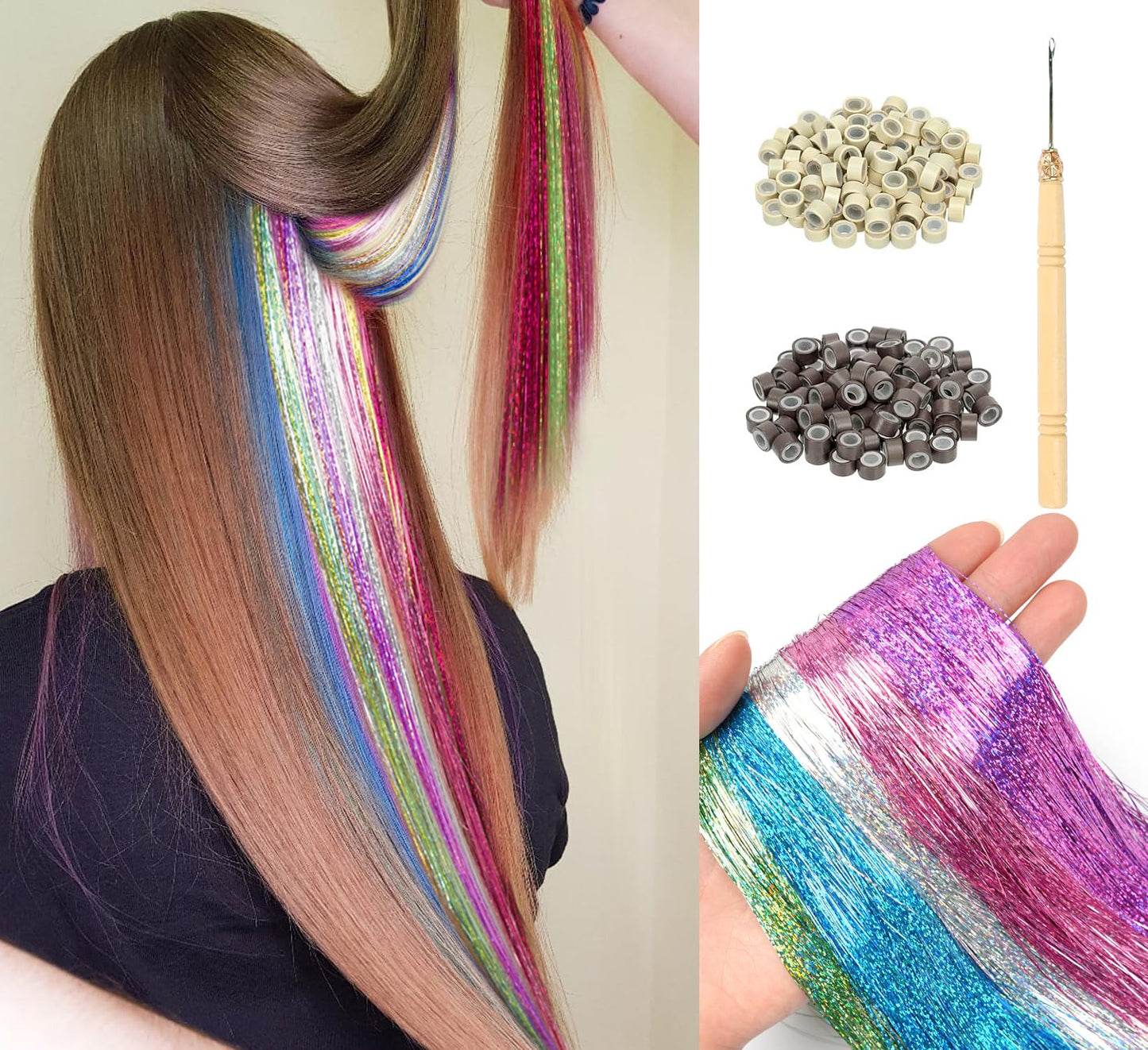 LyoRuSi 36 Inches Hair Tinsel Kit - Fairy Hair Tinsel with Tools 2200 Strands Hair Tinsel Heat Resistant Safe 5 Colors (Macaron Color) Glitter Tinsel Hair Extensions