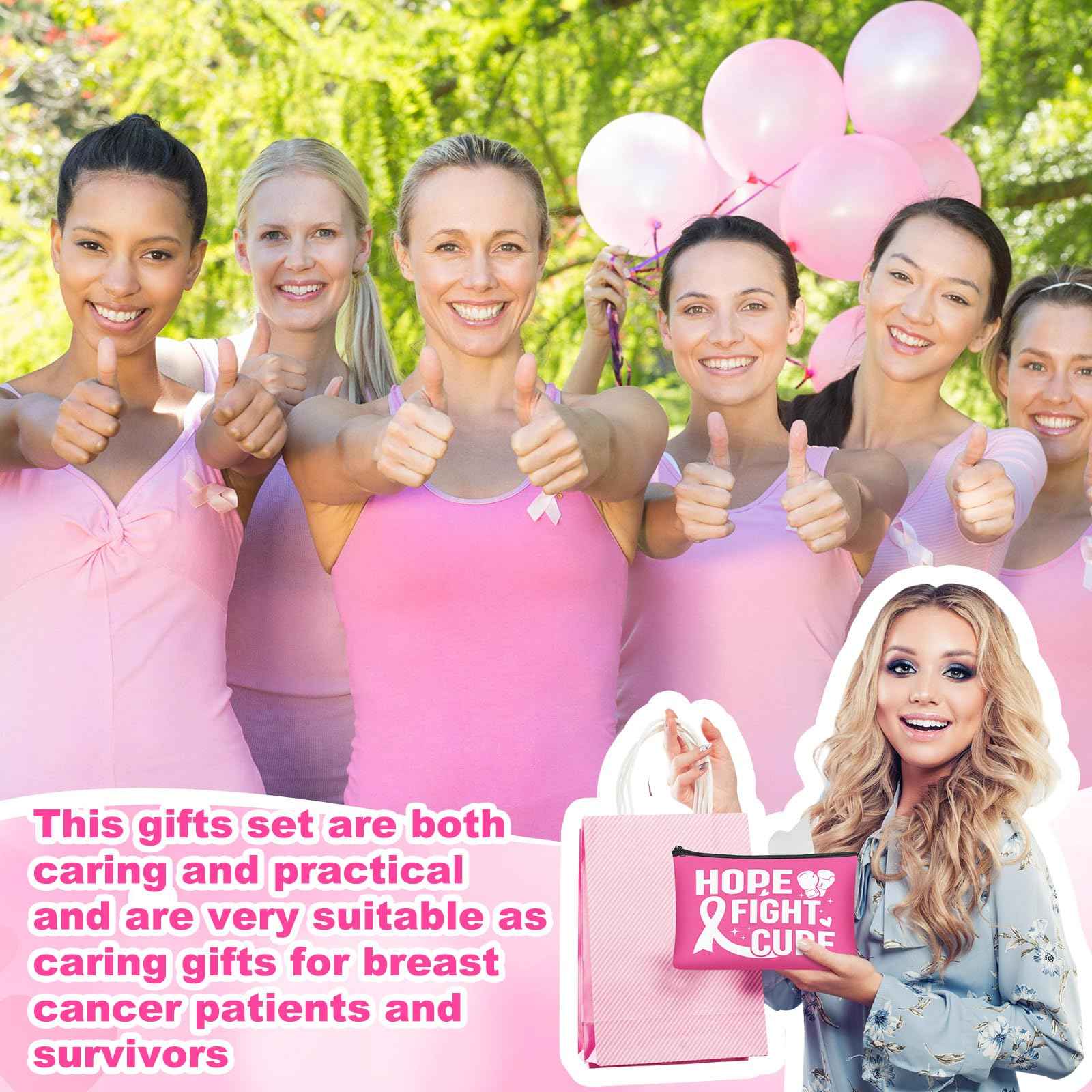 Chicingyou 36 Pcs Breast Cancer Care Gifts Set Bulk Pink Ribbon Keychain Women Socks Makeup Bag Chemo Gifts Breast Cancer Awareness Accessories for Friends Family