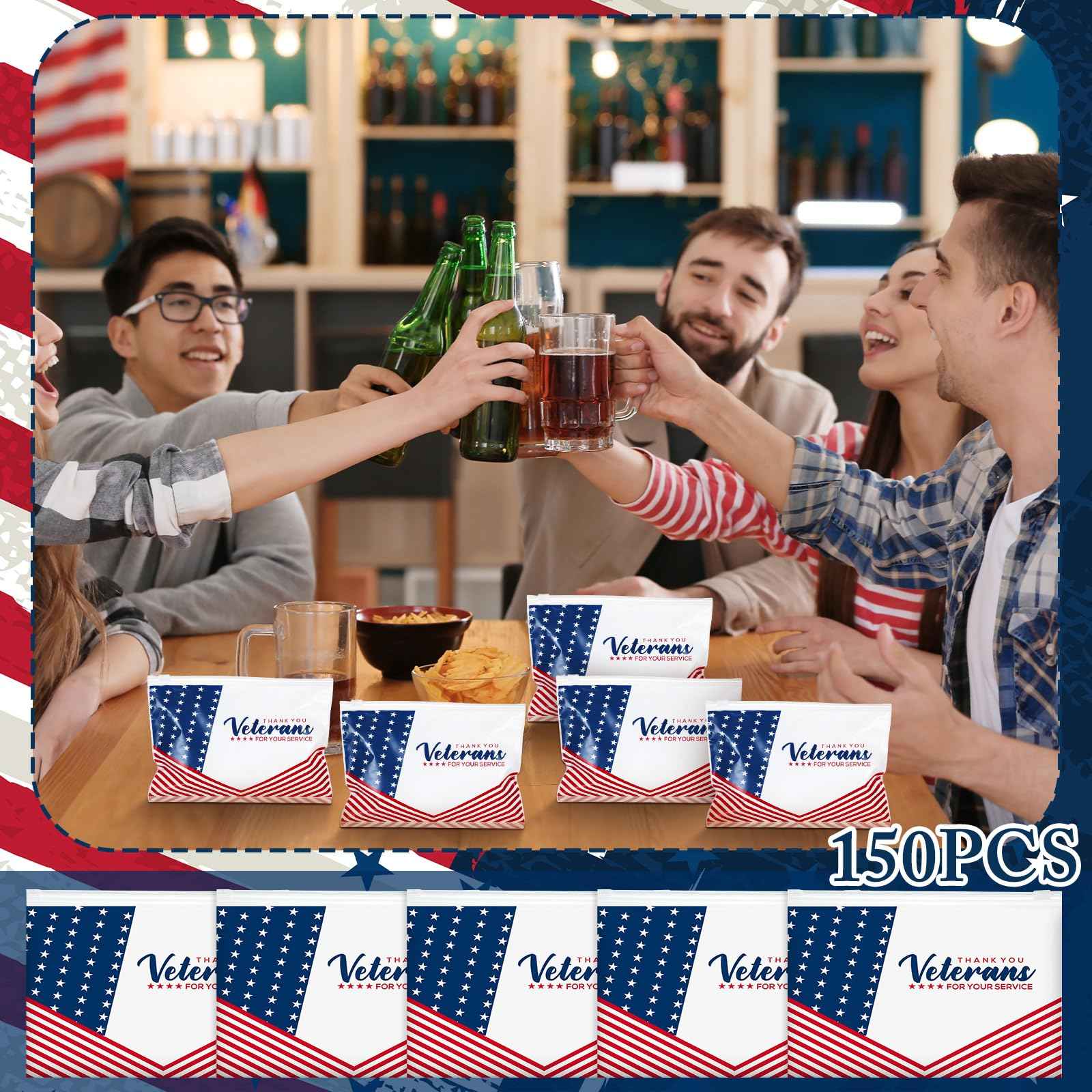 SilTriangle 150 Pcs Veterans Thank You Bag Bulk Red Blue EVA Cosmetic Bag American Flag Thank You for Your Service Gifts Patriotic USA Military Party Favors for Veterans Day Men Soldier
