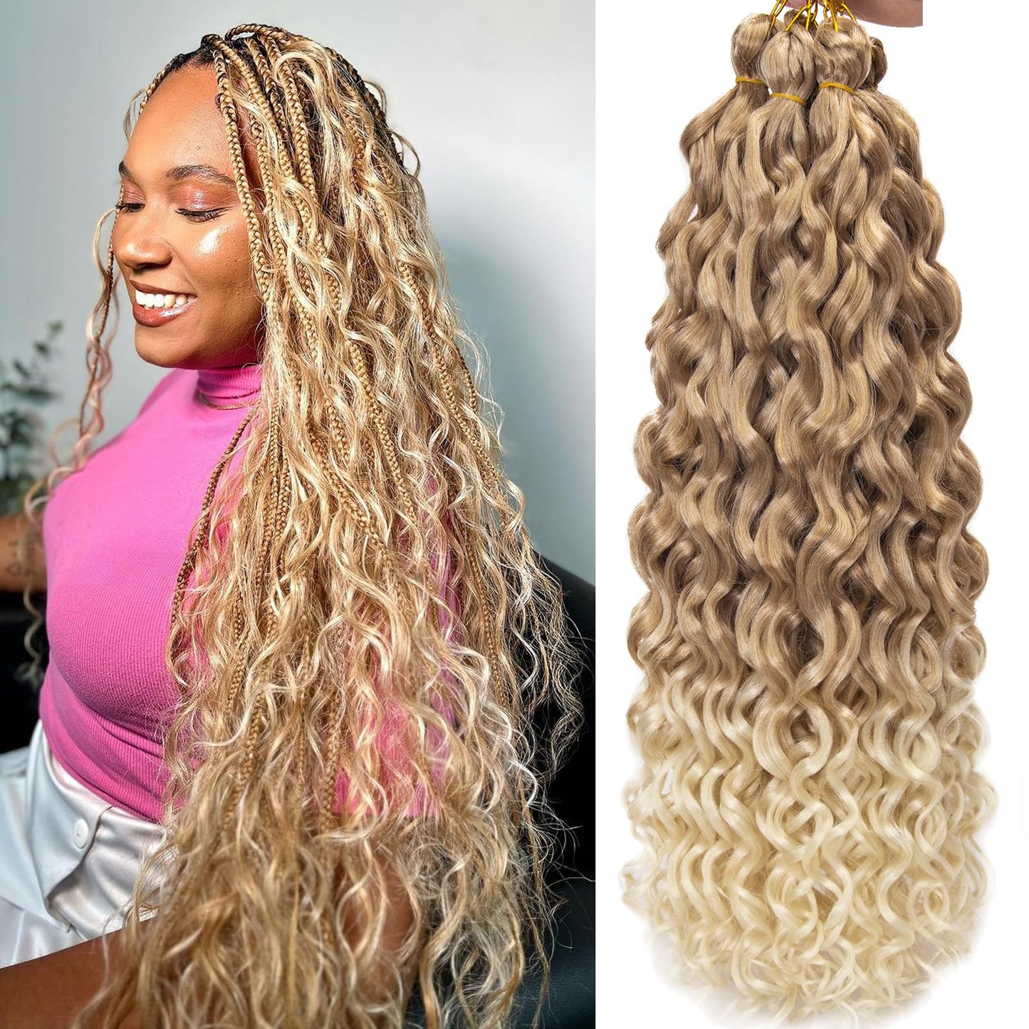 Ocean Wave Crochet Hair Blonde Deep Wave Curly Crochet Hair For Women 24inch Hawaii Curly Braiding Hair Synthetic Bohemian Crochet Braid Water Wave Crochet hair Extensions (6Packs, 27/613)