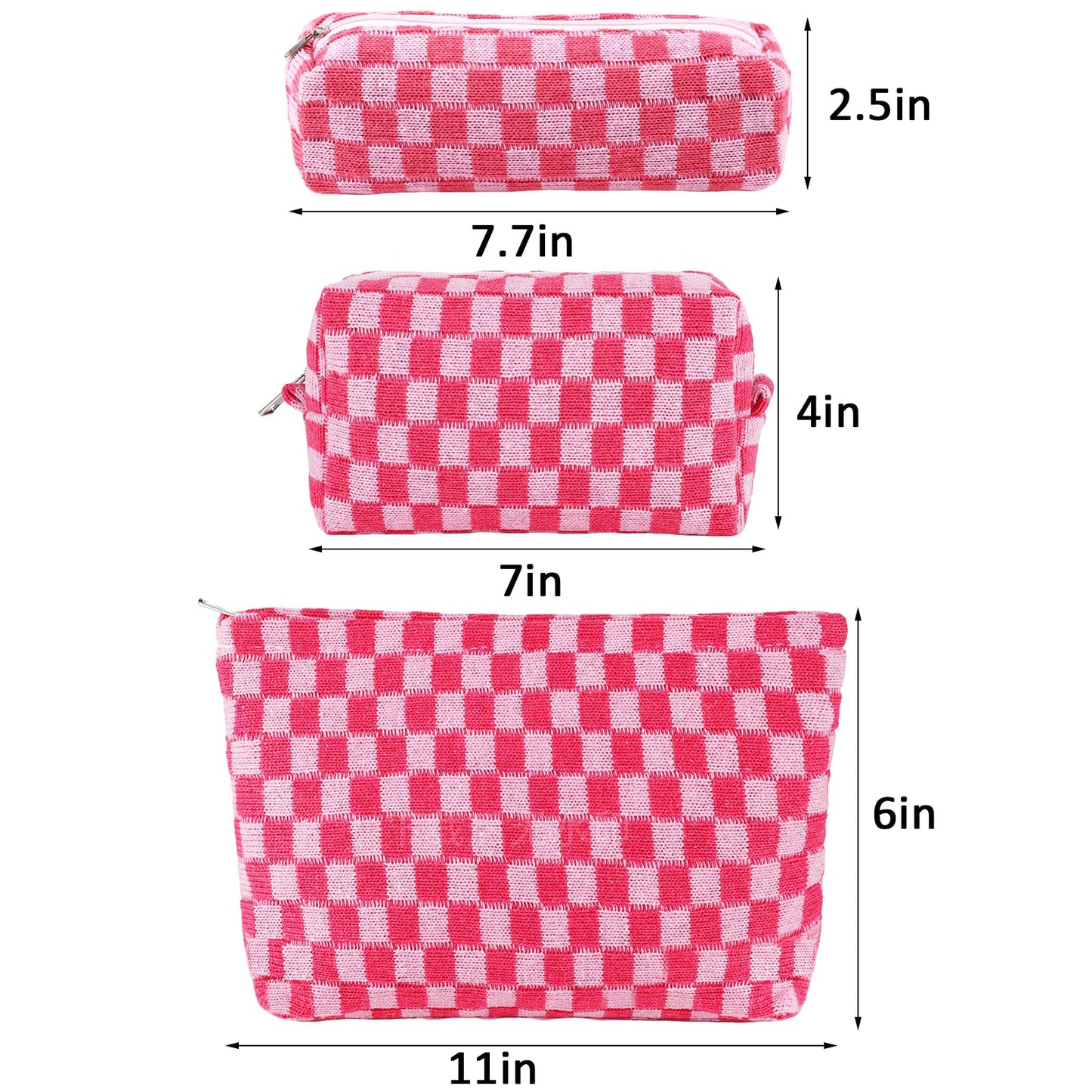 ZLFSRQ 3Pcs Checkered Makeup Bag for Women Large Medium Small Pink Cosmetic Bag Set Travel Makeup Pouch for Purse Zipper Toiletry Organizer Cute Washable Preppy Trendy Makeup Brushes Storage Bag