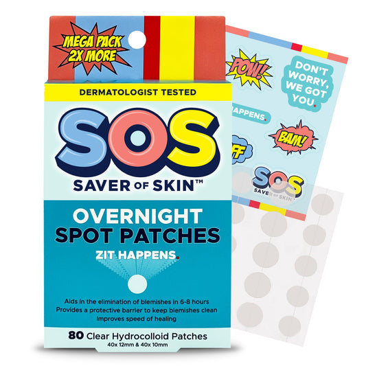 SOS SAVER OF SKIN™, Blemish Patches, Fast Working Hydrocolloid Acne Patches for Covering Pimples, Zits, and Blemishes on Face and Skin, Absorb Fluids, Latex Free, Vegan (80, Transparent)