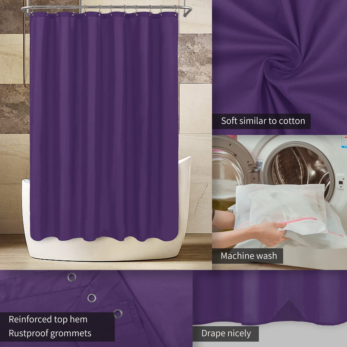 ALYVIA SPRING Royal Purple Fabric Shower Curtain Liner Waterproof - Soft & Light-Weight Cloth Shower Liner with 3 Magnets, Hotel Quality & Machine Washable - Standard Size 72x72, Purple