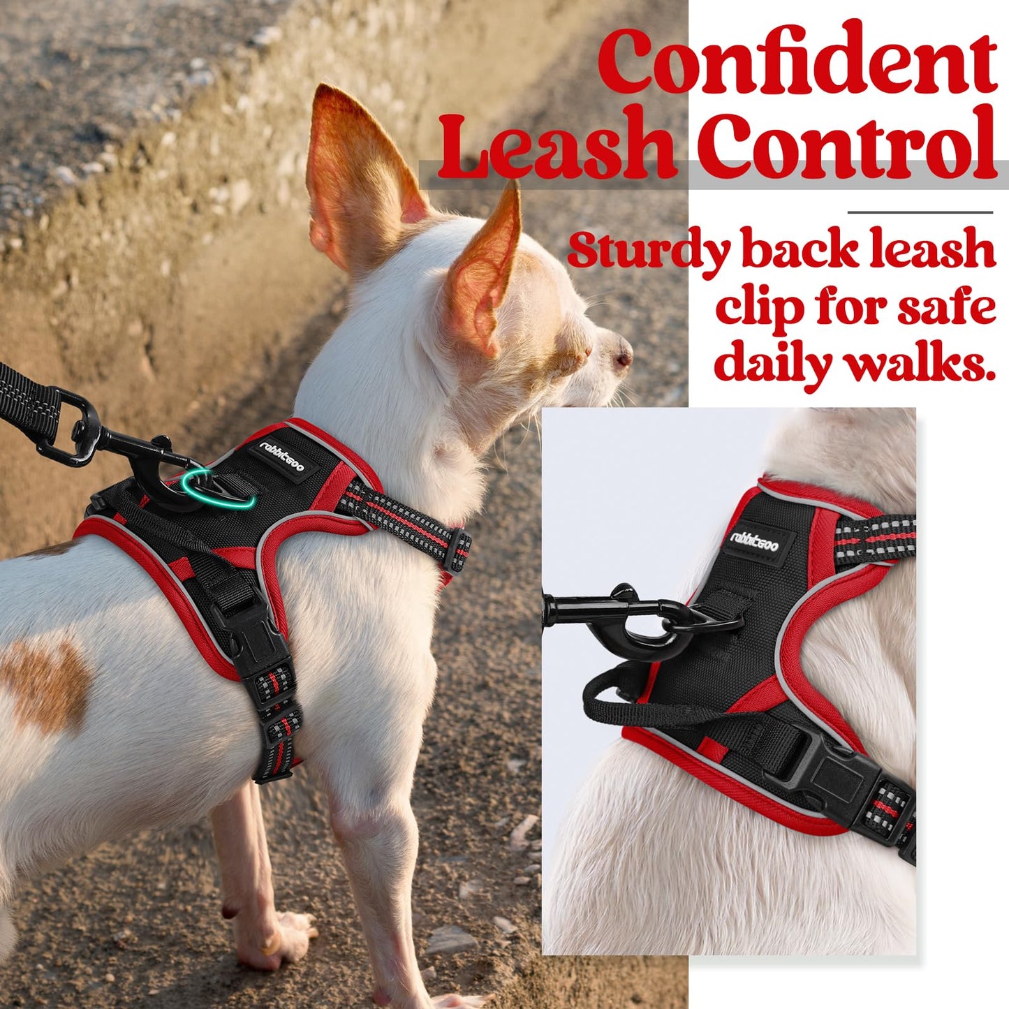 rabbitgoo Dog Harness, No-Pull Pet Harness with 2 Leash Clips, Adjustable Soft Padded Dog Vest, Reflective No-Choke Pet Oxford Vest with Easy Control Handle for Large Dogs, Black & Red, X-Small