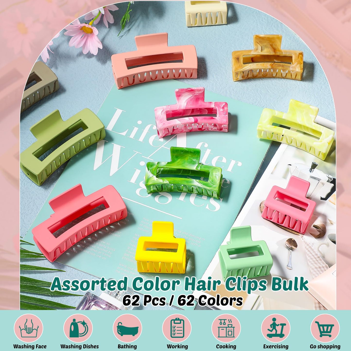 62 Piece Hair Clips Set: Rectangle Non-Slip Large and Small Claw Clips for Women and Girls - Assorted Sizes 2 Inch, 3.35 Inch, 4.1 Inch