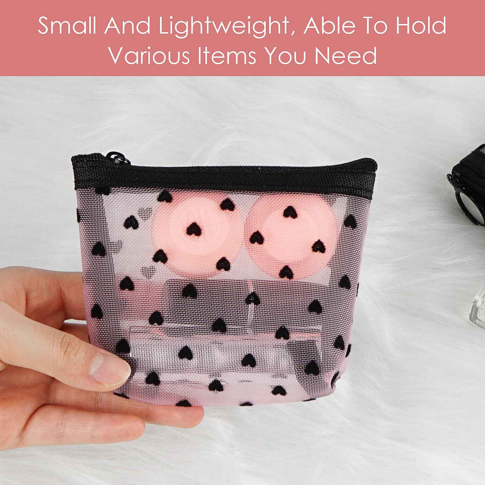 Adorila 6 Pack Mini Mesh Makeup Bags, Heart Print Zipper Mesh Storage Pouch, Travel Cosmetic Accessories Organizer for Women (Black, Beige, Pink)
