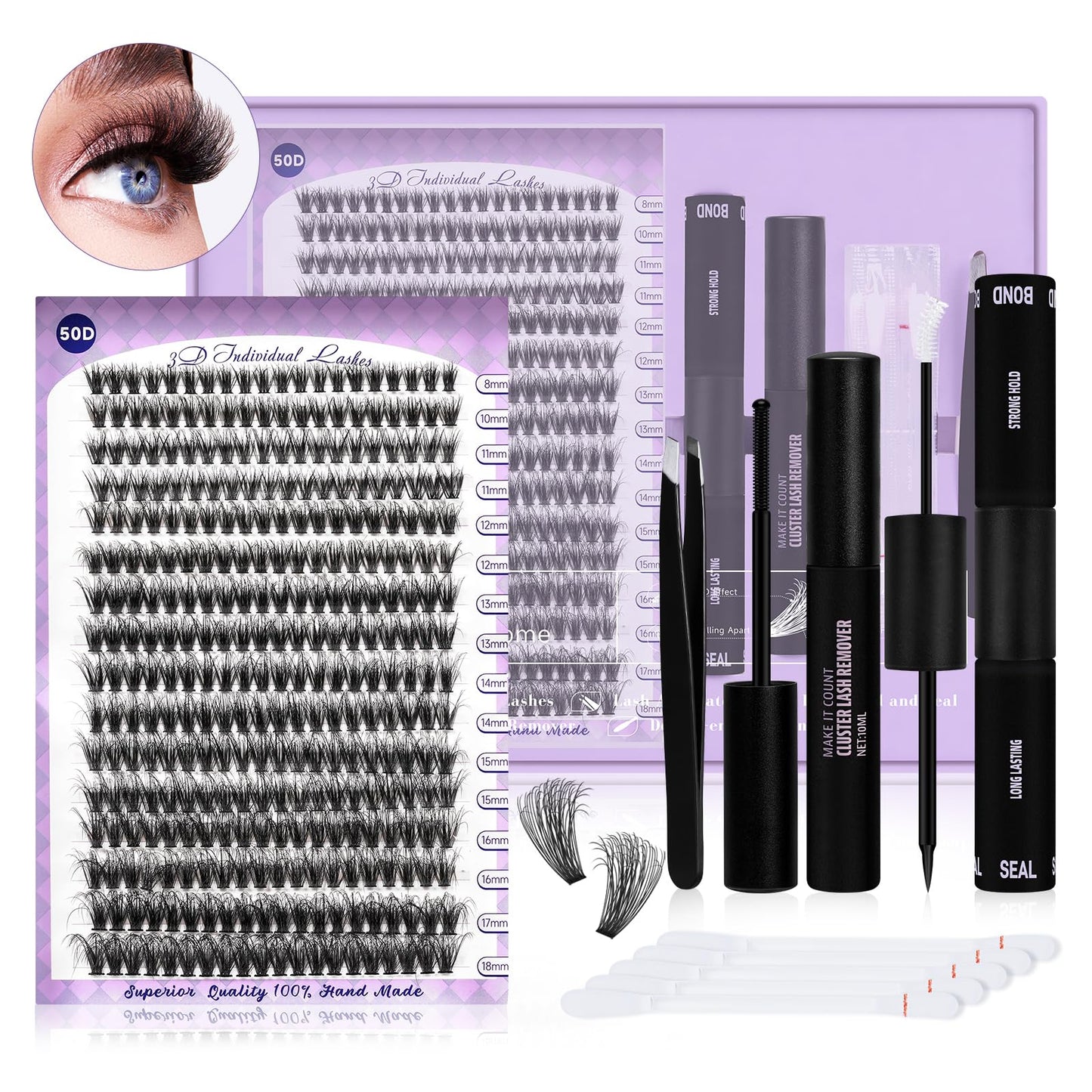 Lash Extensions Kit for Beginners 3D Eyelash Extension Kit 320pcs 50D Lash Clusters Kit 8-18 Mixed Lash Kit Fluffy Individual Lashes Kit with Lash Bond Seal Remover(50D-8-18MIX)