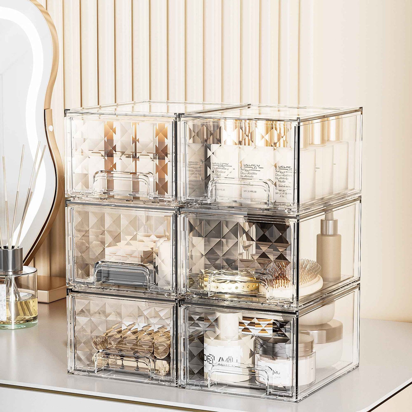 Delamu 6 Pack Stackable Storage Drawers, Makeup Skincare Holder Vanity Storage Organizer, Plastic Drawers For Vanity Desk, Undersink, Kitchen Cabinet, Pantry, Clear, Ideal Christmas Gifts for Girls