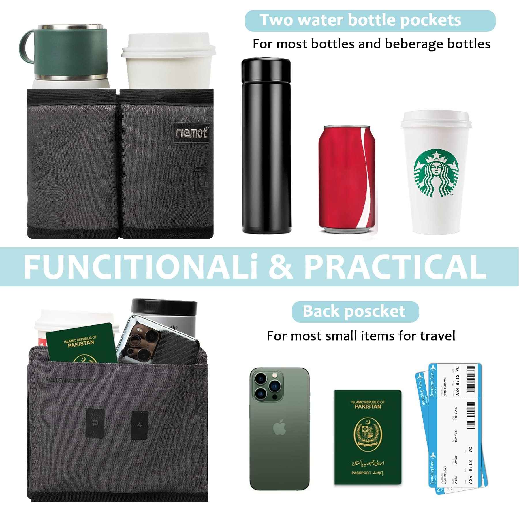 riemot Luggage Travel Cup Holder Free Hand Drink Caddy - Hold Two Coffee Mugs - Fits Roll on Most Suitcase Handles - Gifts for Flight Attendants &Frequent Travelers Accessories Grey