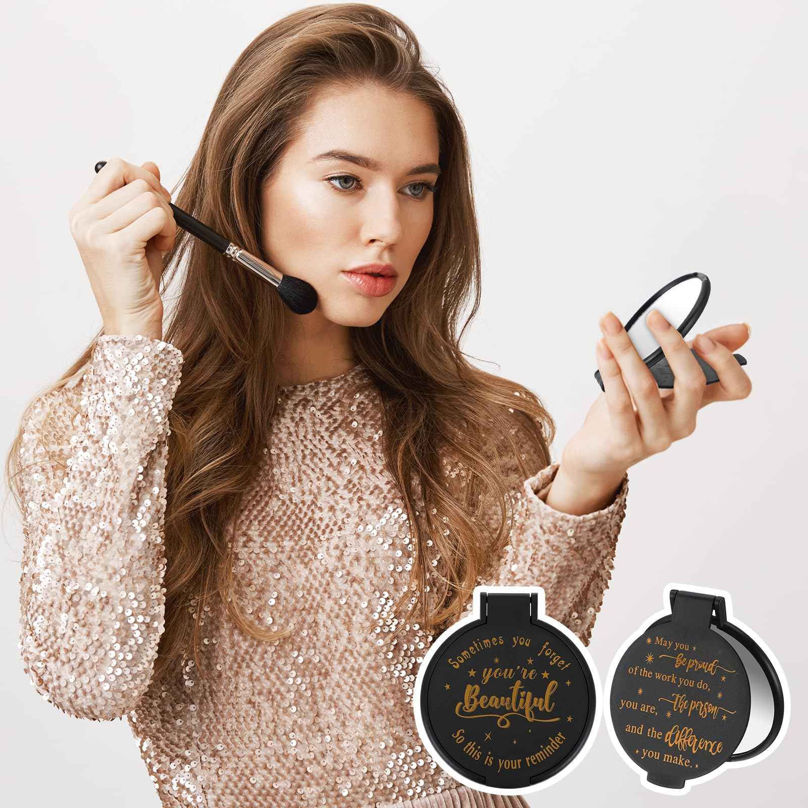 100pcs Black Compact Mirror Bulk Gifts for Women, Mini Inspirational Purse Handheld Makeup Pocket Mirror, Round Portable Makeup Folding Mirrors Gift for Christmas Valentine Daily Travel Coworker