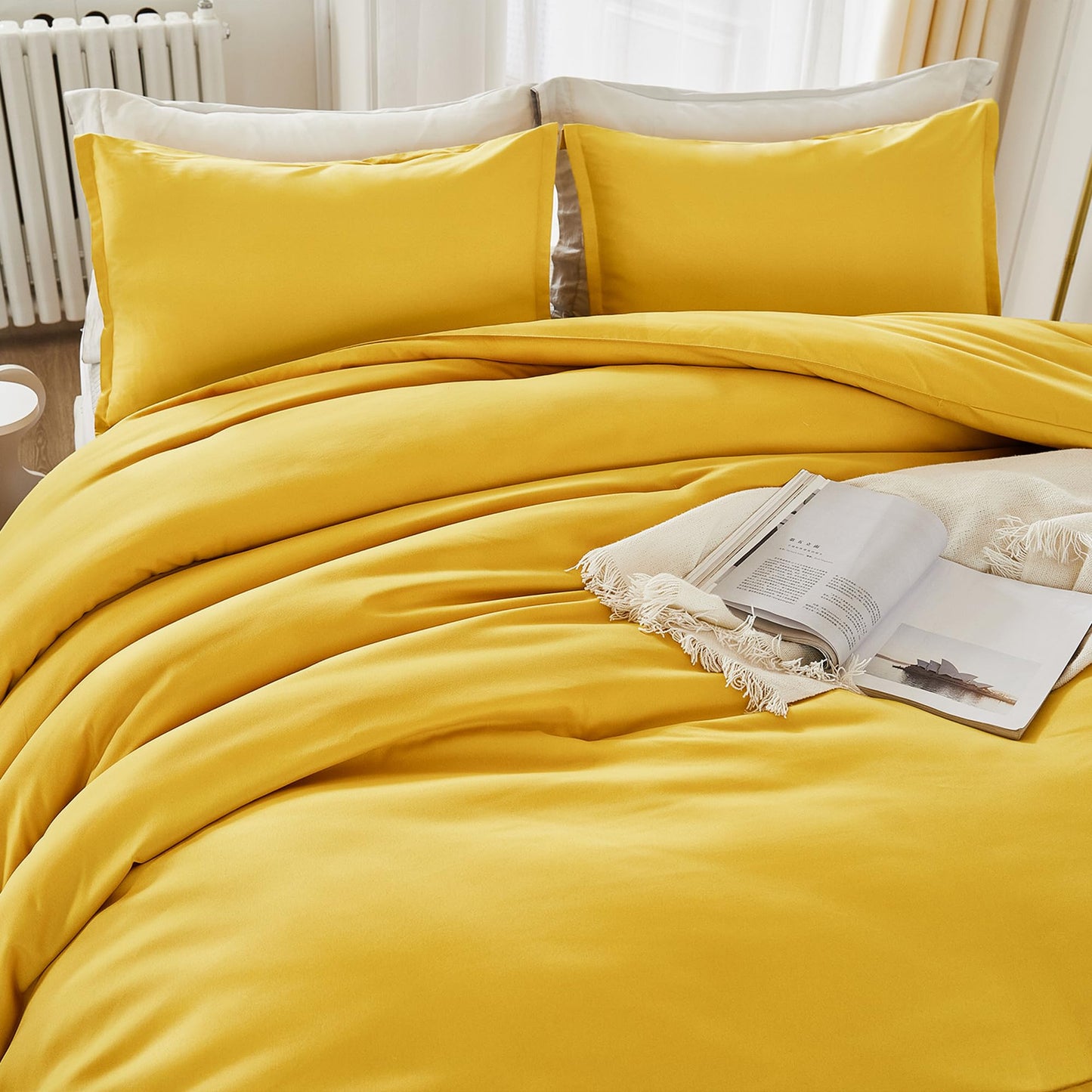 Litanika Mustard Yellow Comforter Set Twin/Twin XL Size, 2 Pieces Lightweight Solid Bedding Comforter Set, All Season Fluffy Bed Set (66x90In Comforter & 1 Pillowcase)