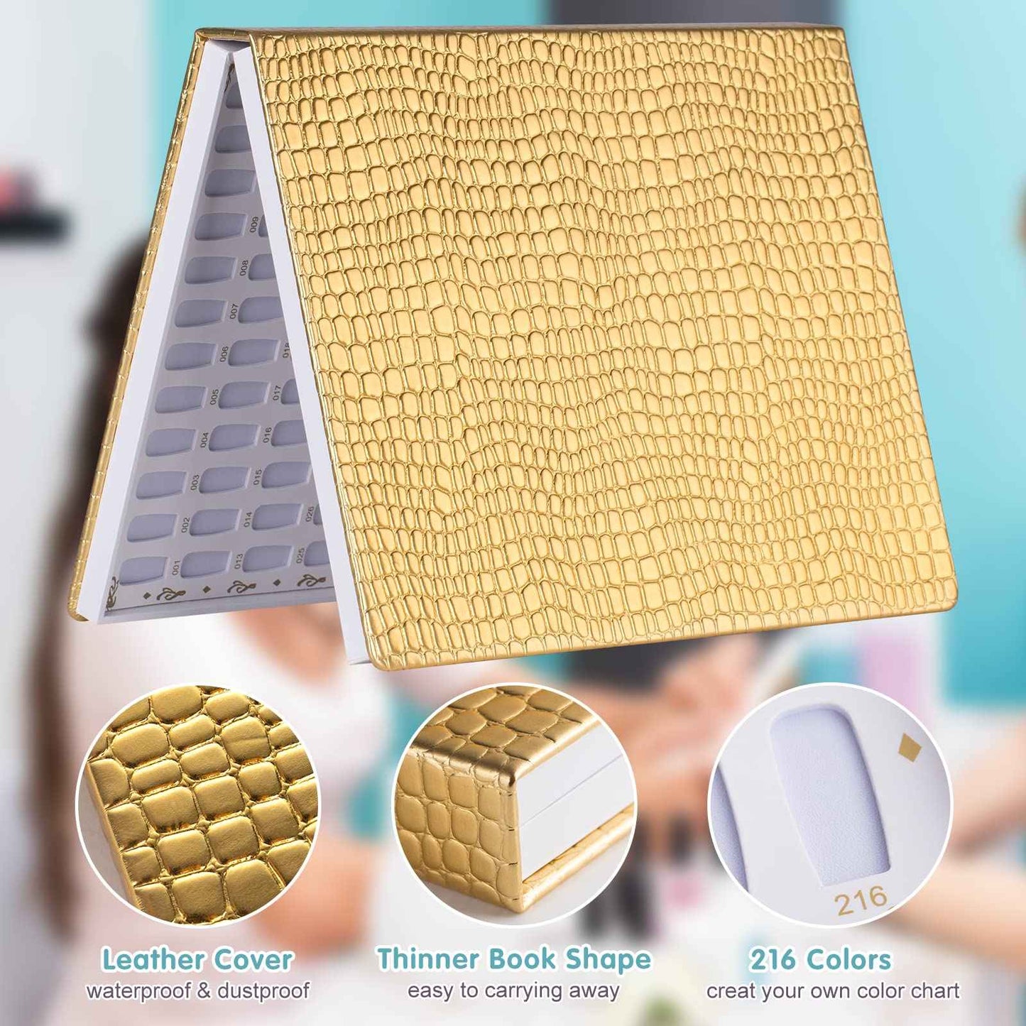 NMKL38 216 Nail Color Chart Display Gel Polish Color Book with False Nail Tips (Gold)