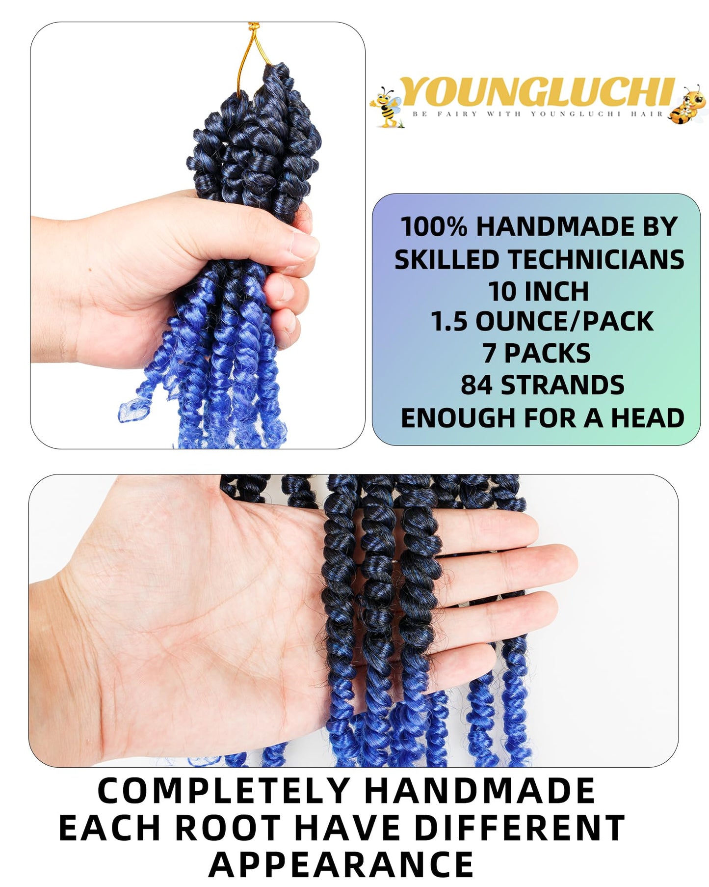 10 Inch 7 Packs Pre Looped Pretwisted Passion Twist Crochet Hair for Black Women and Kids-Ombre Blue,Soft Hair Extensions Braided by Synthetic Spring Kinky Twist Bohemian Curl(10"-7 Packs,T1B/Blue)