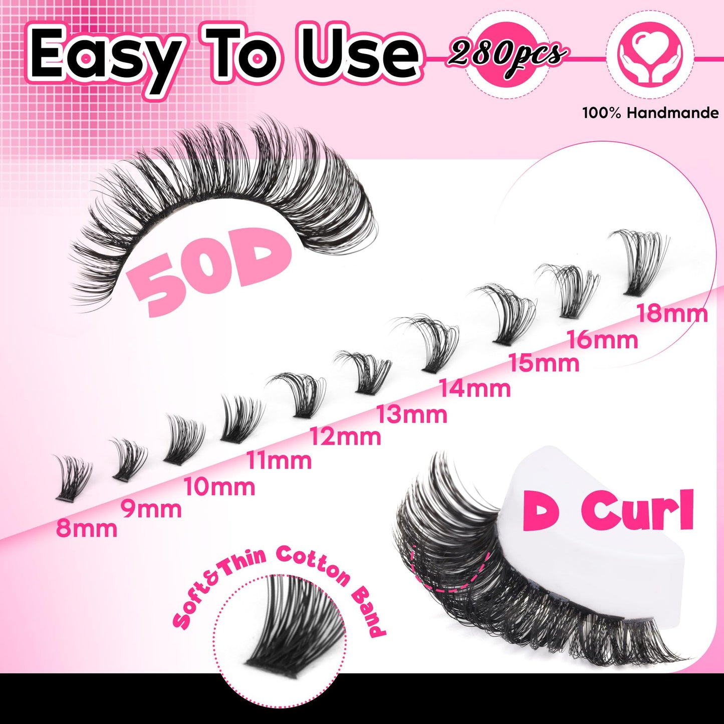 FANXITON Lash Clusters 280 Pcs Wispy Lash Clusters D Curl 8-18 MM Mix Volume Thick Eyelash Clusters 50D Long Individual Eyelash DIY Lash Extensions at Home(0.07D 50D)