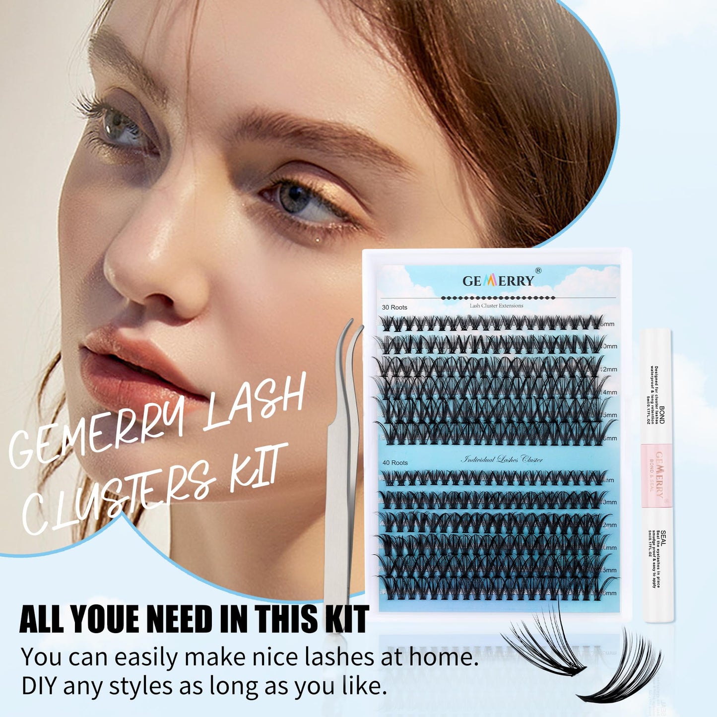 DIY Eyelash Extension Kit GEMERRY Lash Extension Kit Lash Clusters Kit with Lash Clusters 40P C 8-16mm Lash Bond and Seal and Lash Tweezers for Self Use at Home Cluster Eyelash Extension Kit