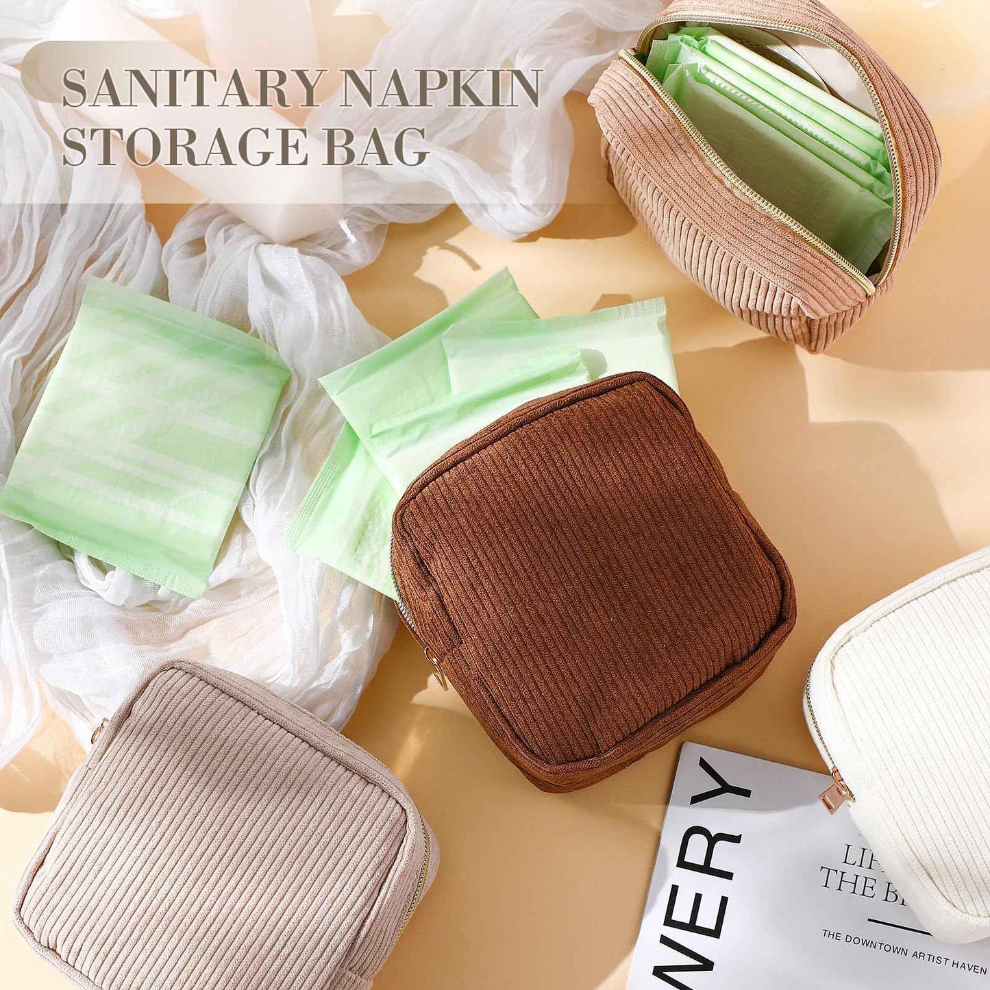 Dansydaisy 4 Pcs Sanitary Napkin Storage Bag Brown Corduroy Period Christmas Bag for Gift School Teen Mini Makeup Preppy Cosmetic Wallet Set for Women Portable First Period Cute Pad Pouch with Zipper