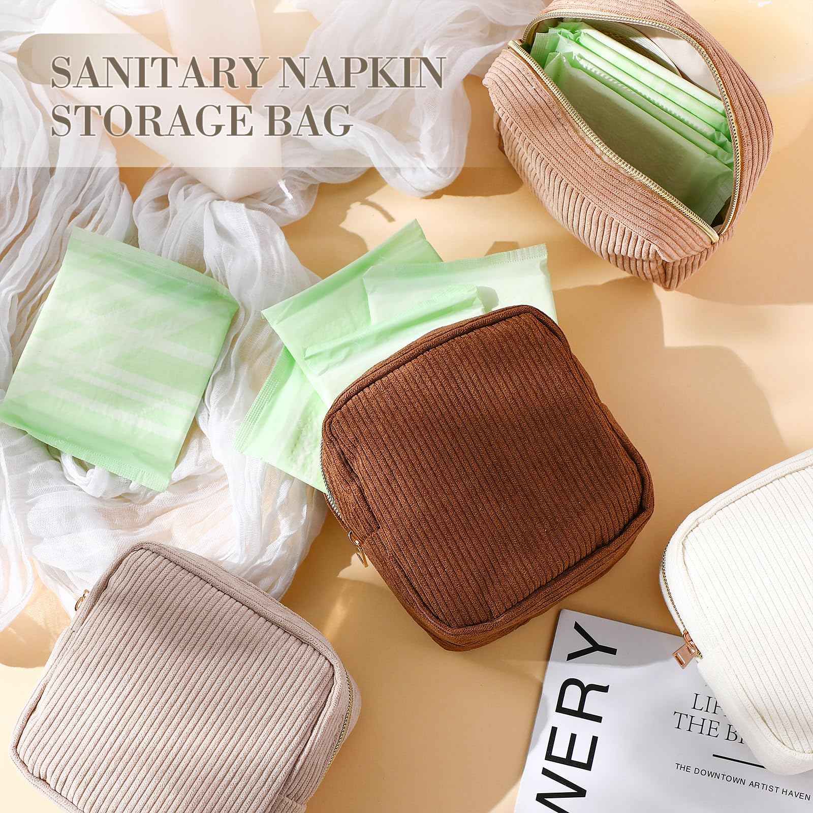 Dansydaisy 4 Pcs Sanitary Napkin Storage Bag Brown Corduroy Period Christmas Bag for Gift School Teen Mini Makeup Preppy Cosmetic Wallet Set for Women Portable First Period Cute Pad Pouch with Zipper