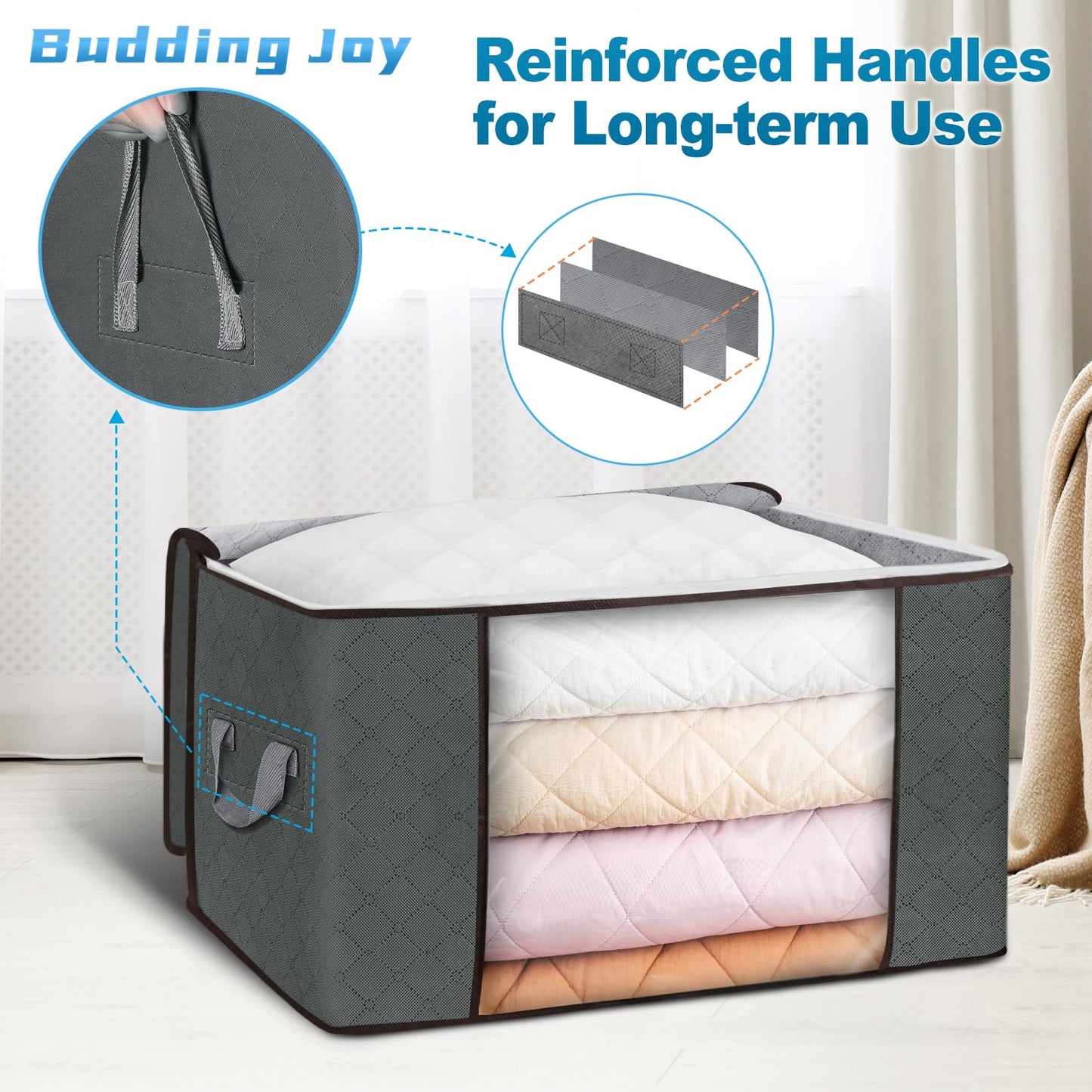 90L Large Storage Bags, 6 Pack Clothes Storage Bins Foldable Closet Organizers Storage Containers with Reinforced Handle for Clothing, Blanket, Comforters, Bed Sheets, Pillows and Toys (Gray)