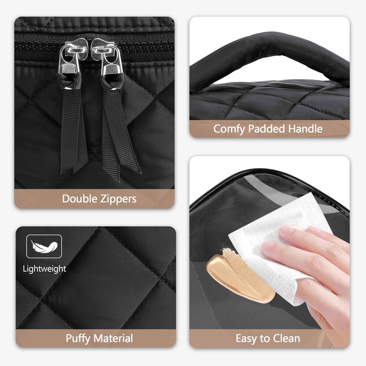 Trahzia Travel Makeup Bag with 4 Clear Cases, Large Quilted Cosmetic Organizer for Women, Puffy Storage Bag for Cosmetics, Photos or Pill Bottles, Black (Empty Bag)