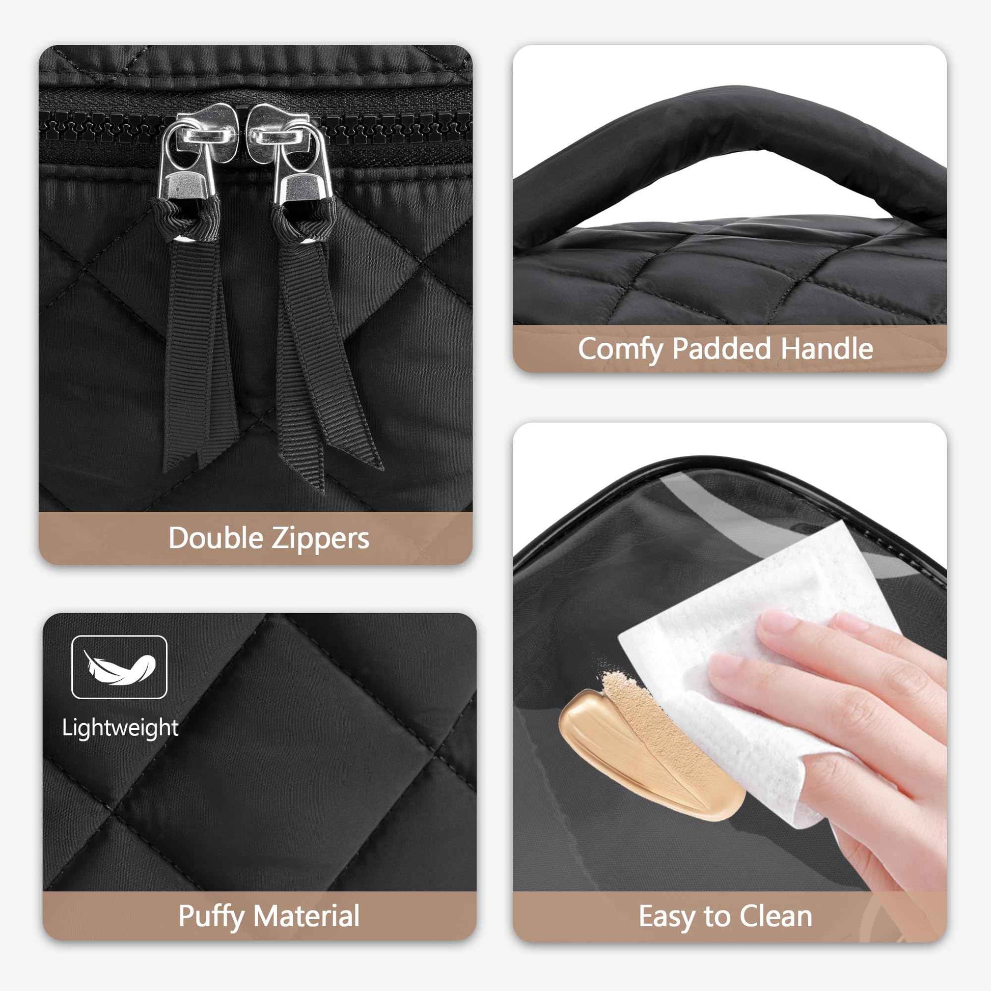 Trahzia Travel Makeup Bag with 4 Clear Cases, Large Quilted Cosmetic Organizer for Women, Puffy Storage Bag for Cosmetics, Photos or Pill Bottles, Black (Empty Bag)