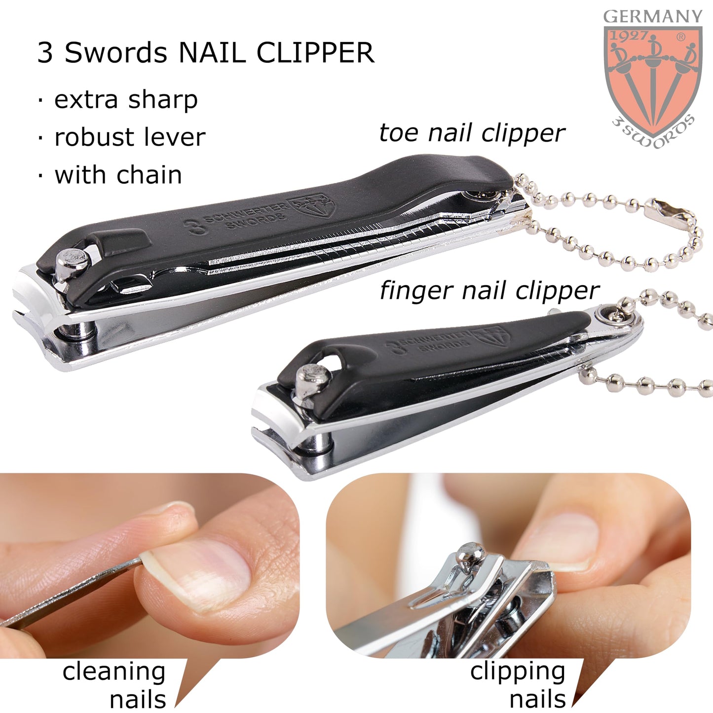 3 Swords Germany – Brand Quality fingernail & toenail Clipper, Manicure, Pedicure Nail Care by with Metal Nail File and case, Black Edition