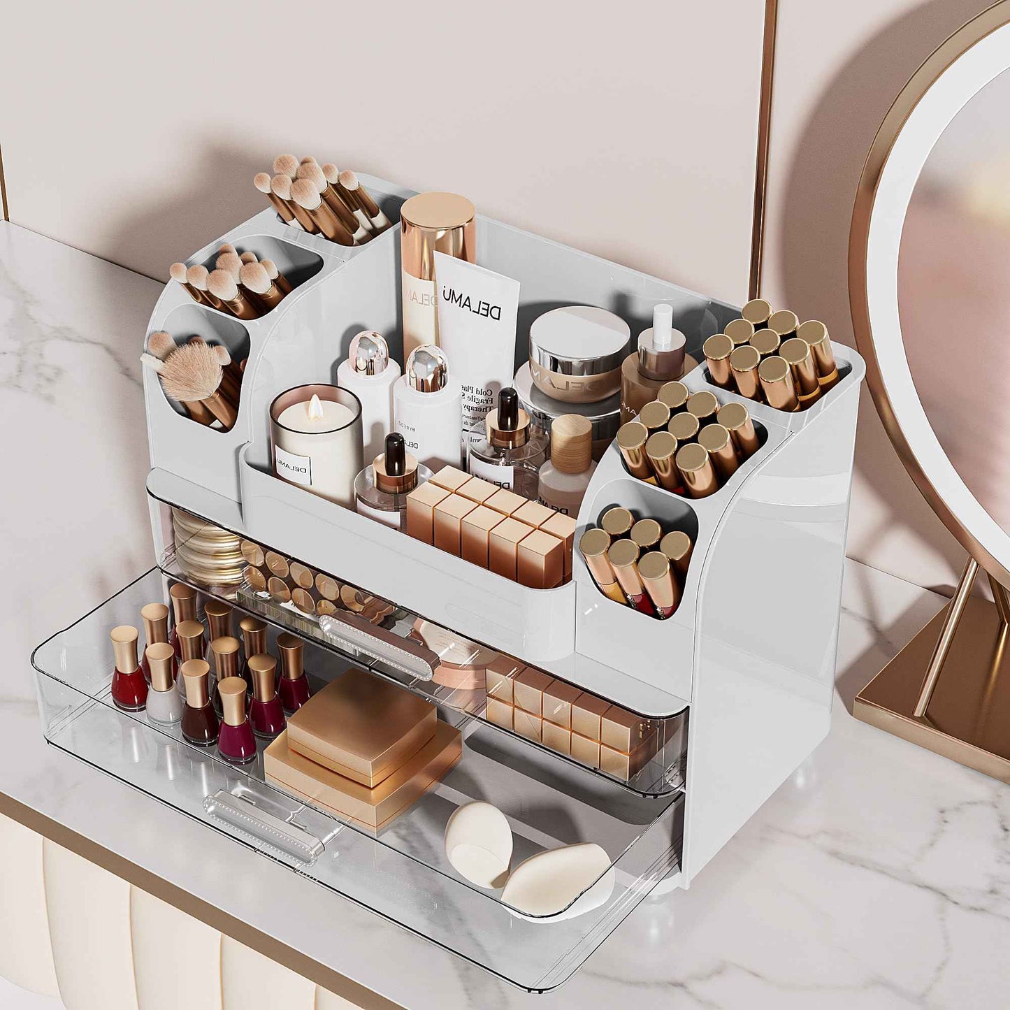 Delamu Makeup Organizer Countertop with 6 Brush Holder, Bathroom Countertop Organizer with 2 Large Drawers, Cosmetic Display Case for Vanity, Ideal Christmas Gifts for Women Girls, Light White