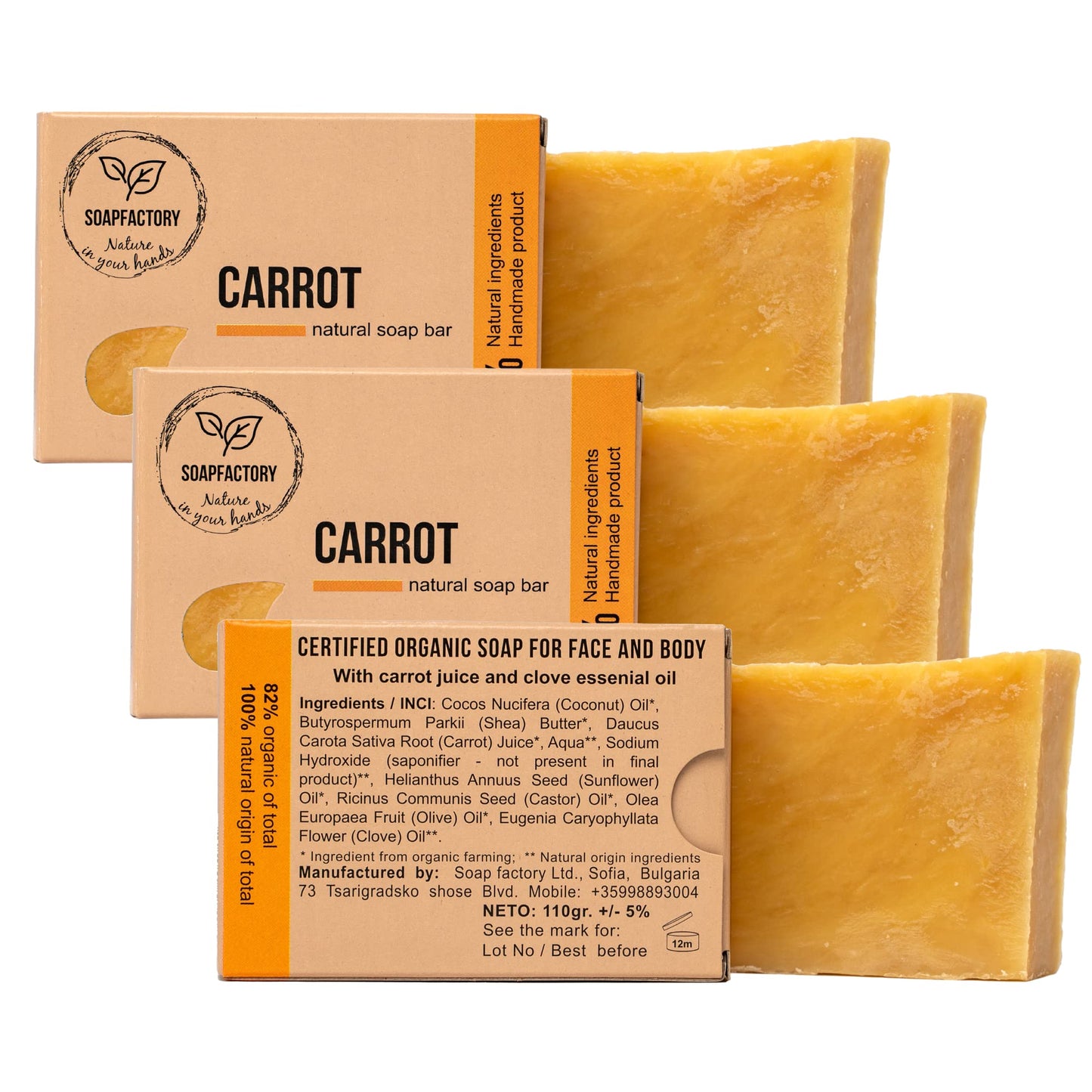 SoapFactory Organic Carrot Soap Bar for Men and Women, 100% Natural Facial Cleanser, Face and Body, Vegan, Cruelty Free, Handmade, 3.88 ounce (Pack of 3)