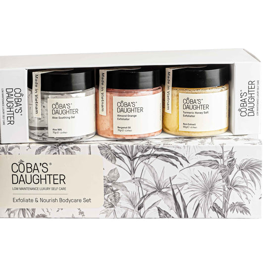 COBA'S DAUGHTER Luxury Spa Gift Set – 3-Piece Mini Body Scrub Trio with Honey Turmeric, Almond Orange & Aloe Vera – Travel Size Self-Care Gift for Holiday, Christmas, Birthday, Wedding Favor