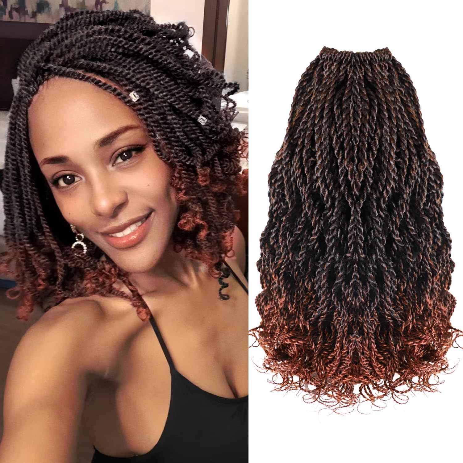 Wavy Senegalese Twist Crochet Hair Ginger 8 Inch Pre Looped Short Crochet Hair with Curly Ends 8 Packs Curly Crochet Hair for Black Women Synthetic Crochet Braids 120 Strands Kinky Twist Hair(T350)