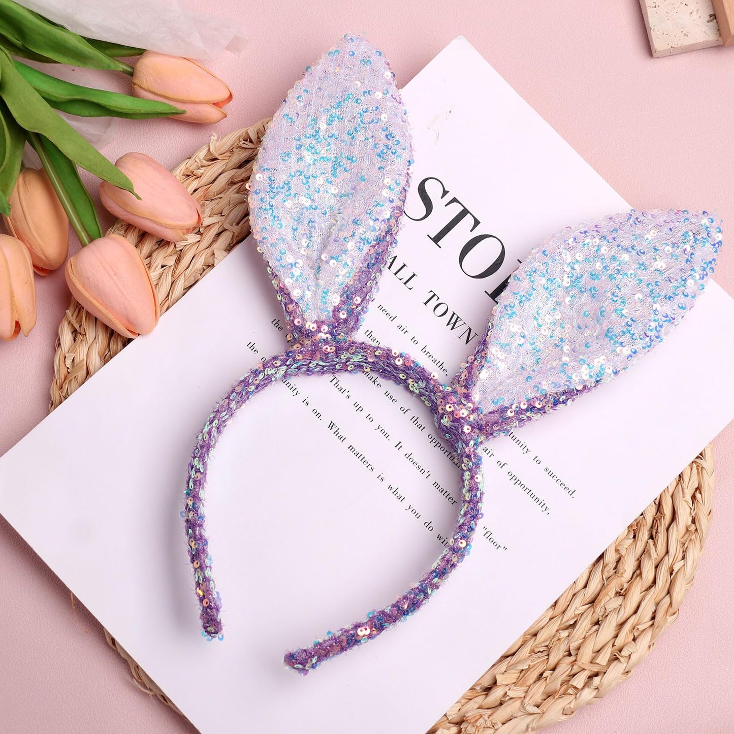 HIFANMM Easter Headbands Bunny Ears Hair Bands for Women Girls Kids, Cute Blue Sequin Rabbit Ear Hair Accessories Easter Day Decoration Headdress Party Supplies Gift Hair Hoop 1 Pcs